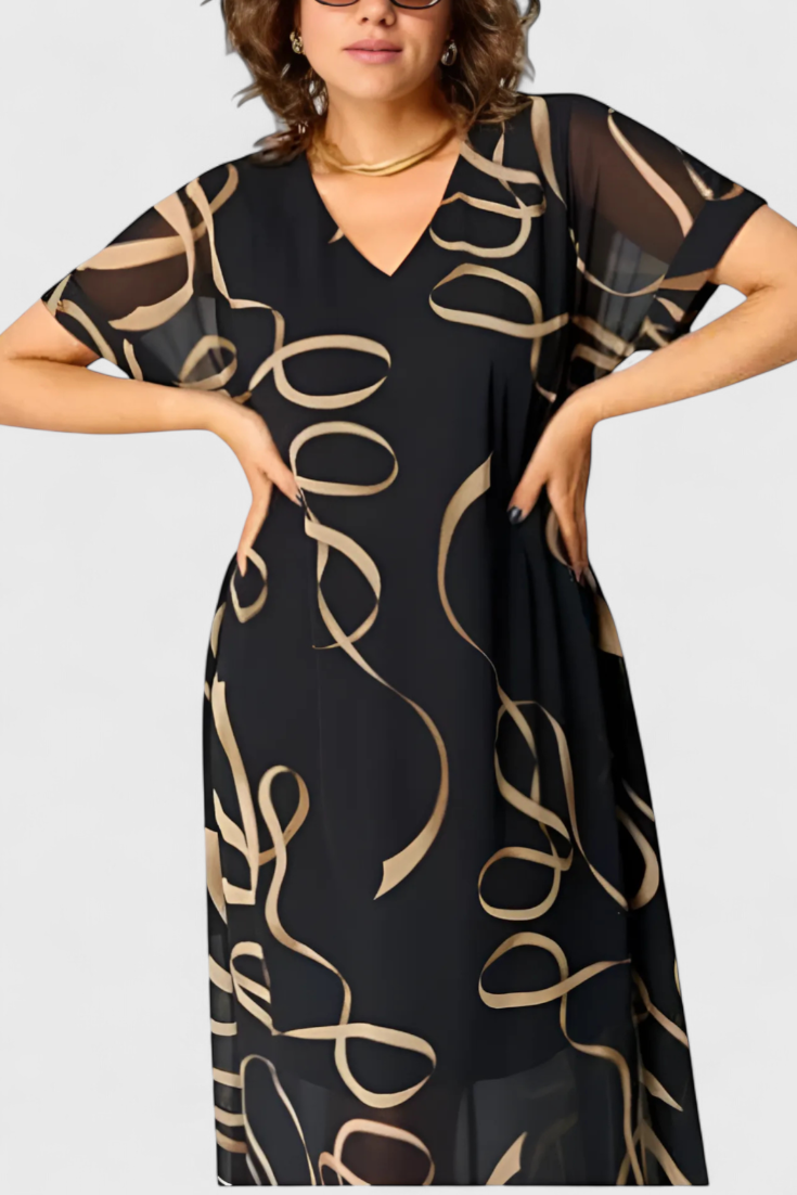 Jillian Vestido Caftán Negro con Estampado Abstracto en Oro y Escote en V