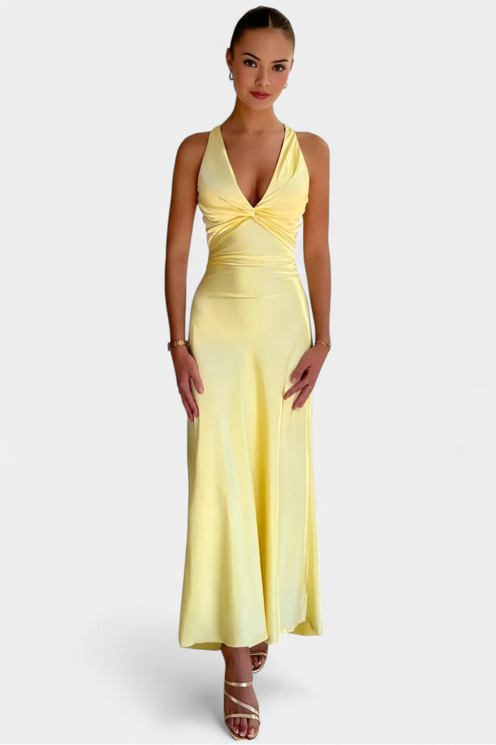 Dolores Vestido Elegante con Cintura Torcida y Escote en V