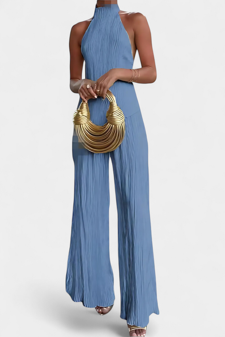 Pilarica Conjunto Plisado con Top Asimétrico Halter y Pantalón Fluido