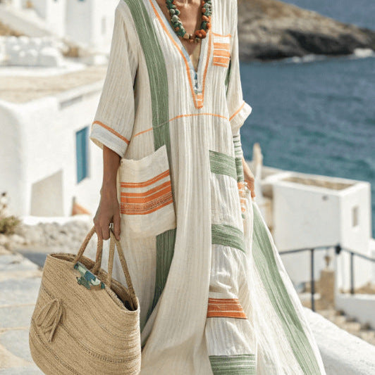 Robe Caftan "Diane" avec Rayures Verdes et Naranjas