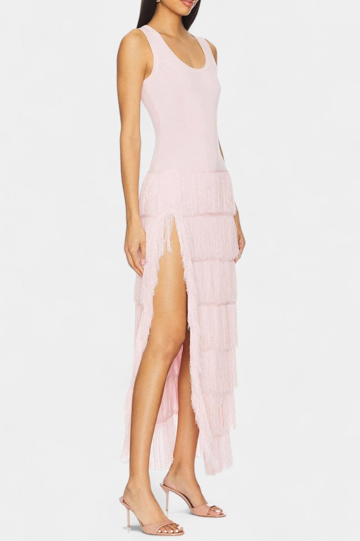 Kalani Vestido Maxi con Flecos en Capas y Abertura Lateral