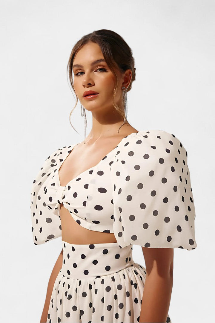 Sherine Conjunto de Falda y Top de Lunares con Mangas Abullonadas