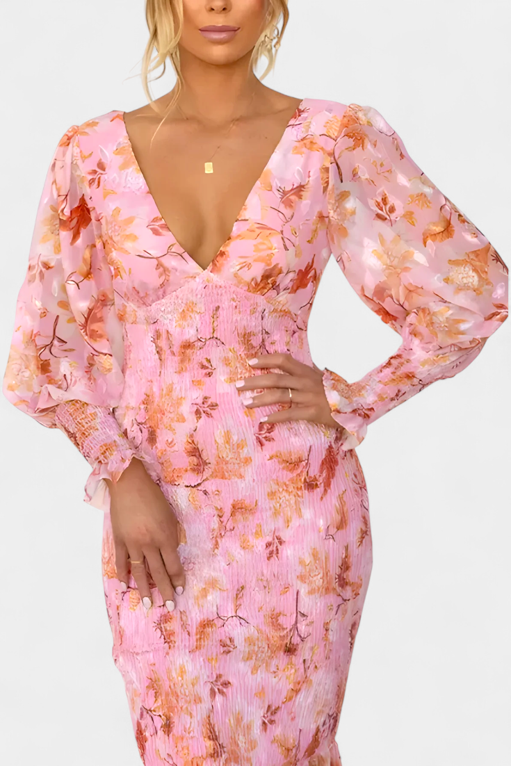 Carly Vestido Midi Floral con Cintura Fruncida y Mangas Vaporosas