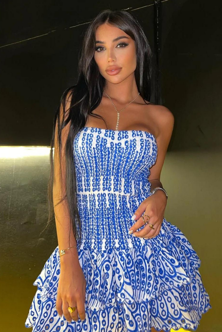 Vestido mini fruncido sin tirantes para mujer con falda escalonada con volantes