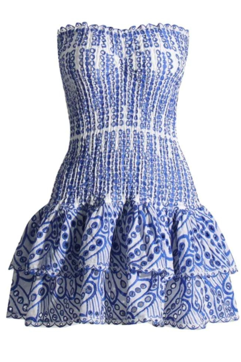 Vestido mini fruncido sin tirantes para mujer con falda escalonada con volantes