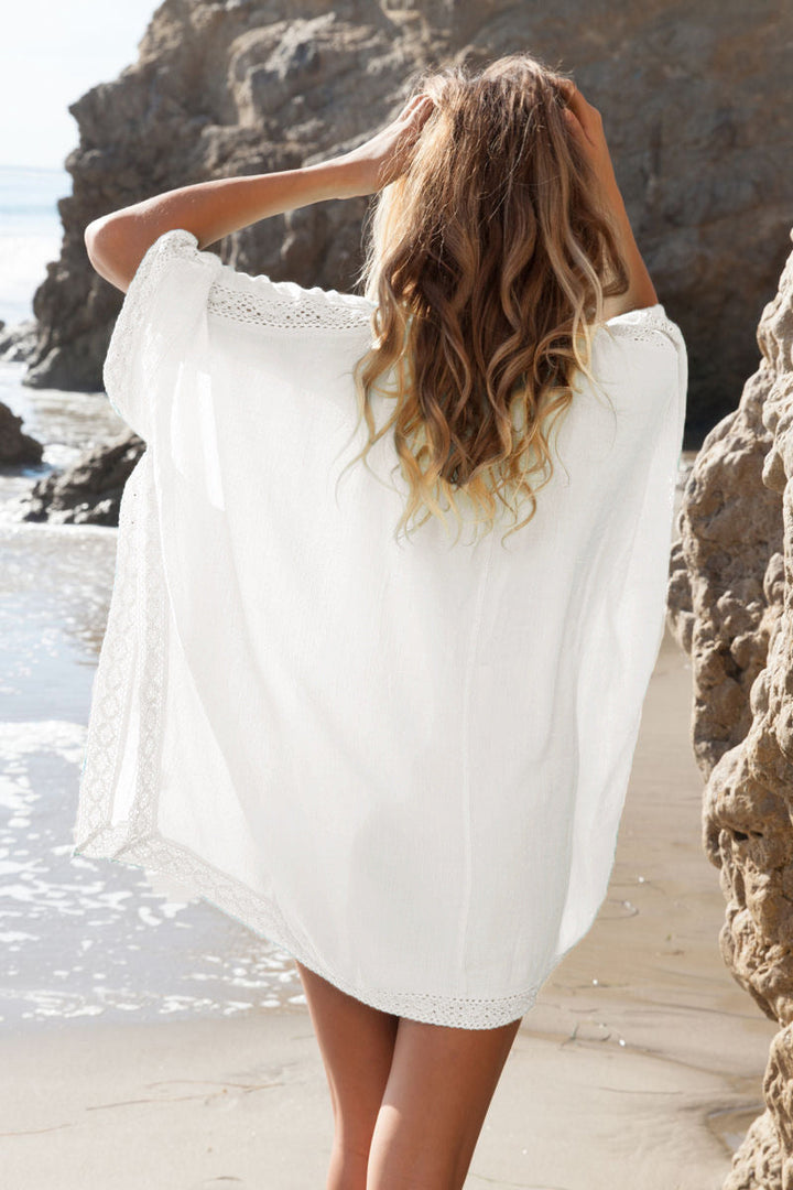 Vestido playero tipo túnica con cuello en V y ribete de crochet para mujer