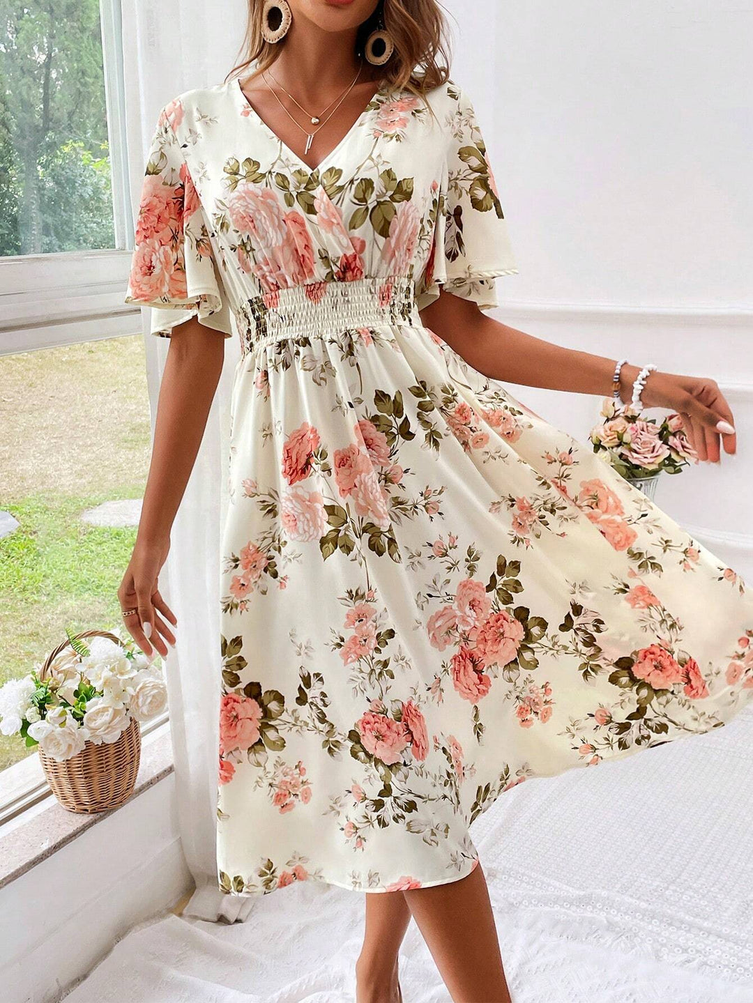 Kerensa | Vestido Midi Floral de Cuello en V para Mujeres