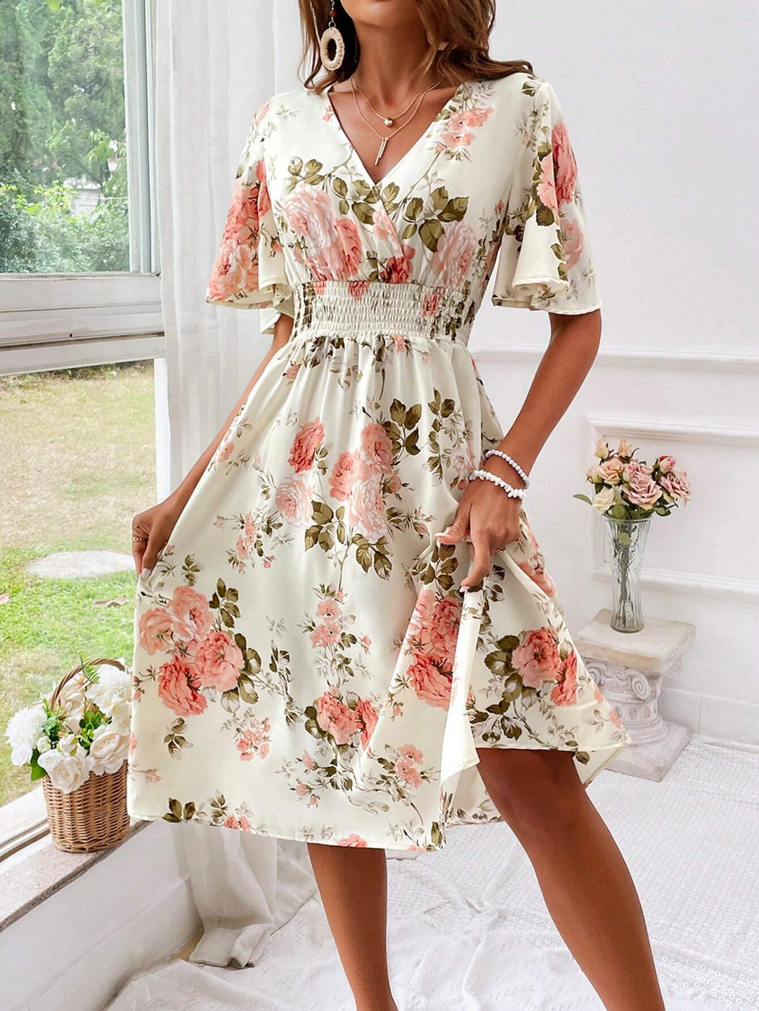 Kerensa | Vestido Midi Floral de Cuello en V para Mujeres