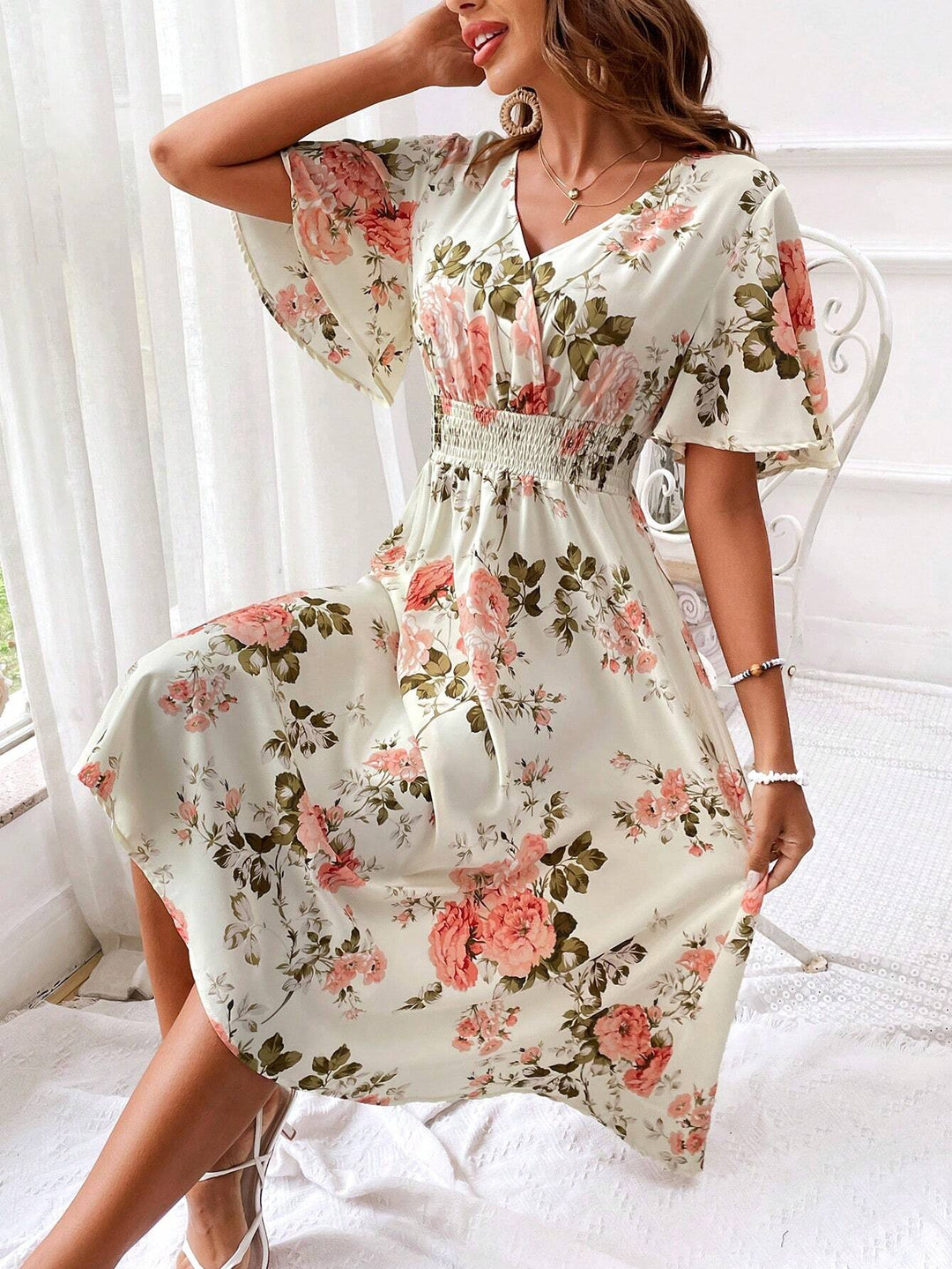 Kerensa | Vestido Midi Floral de Cuello en V para Mujeres