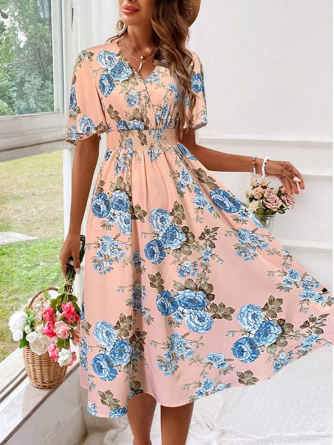 Kerensa | Vestido Midi Floral de Cuello en V para Mujeres