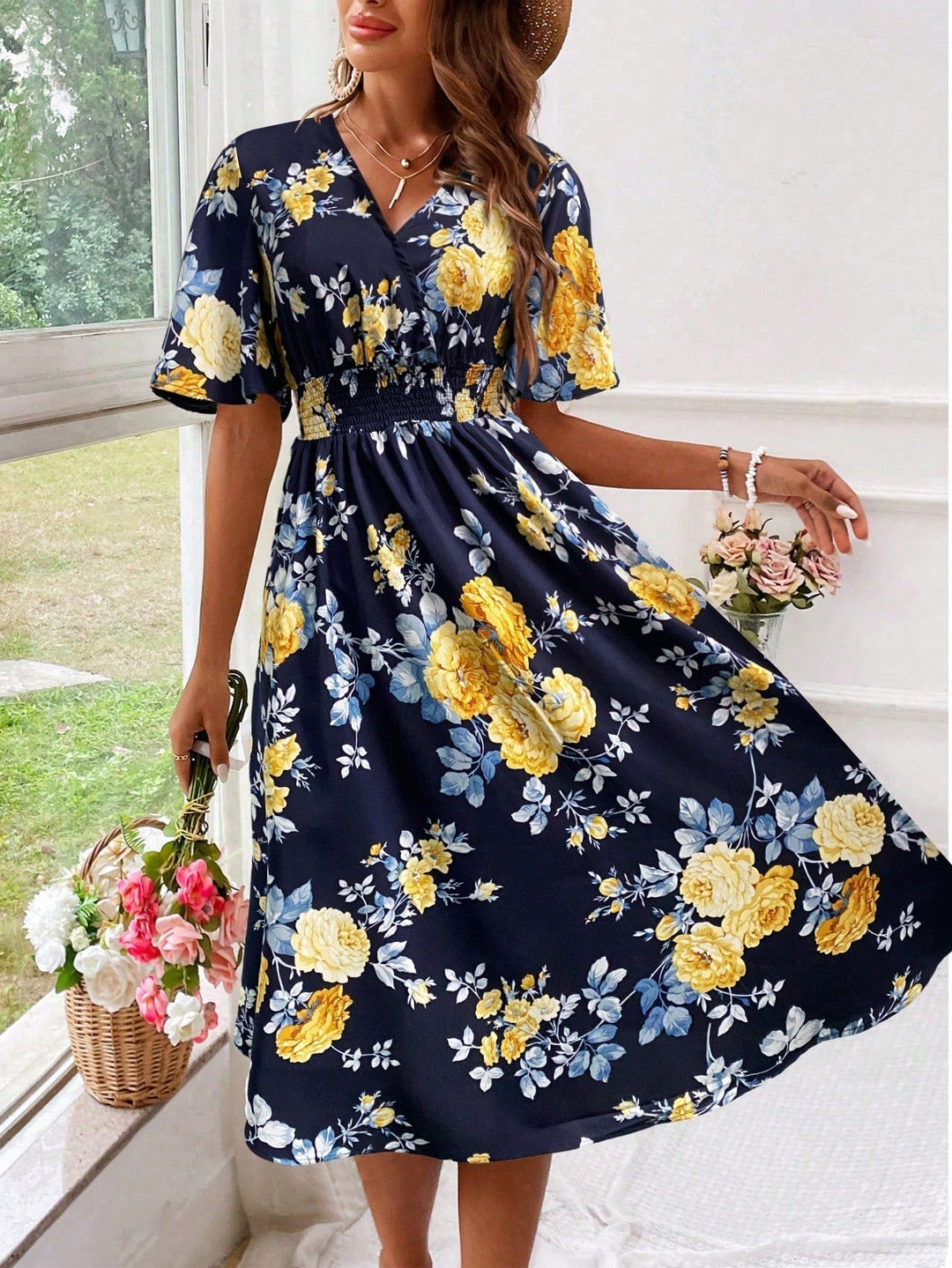 Kerensa | Vestido Midi Floral de Cuello en V para Mujeres