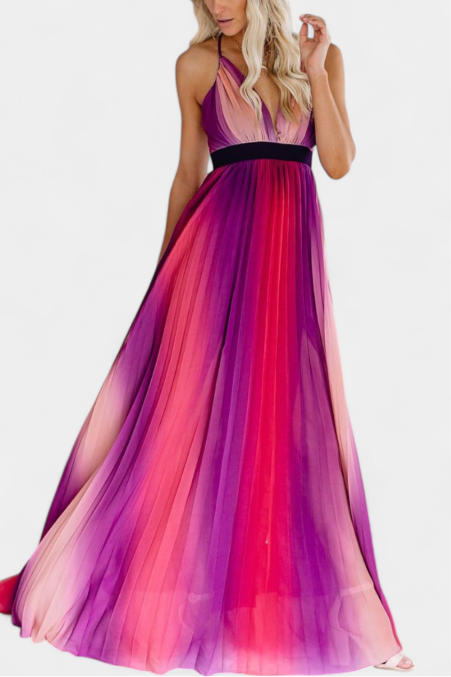 Cecilia Vestido Plisado con Espalda Abierta y Estampado Degradado
