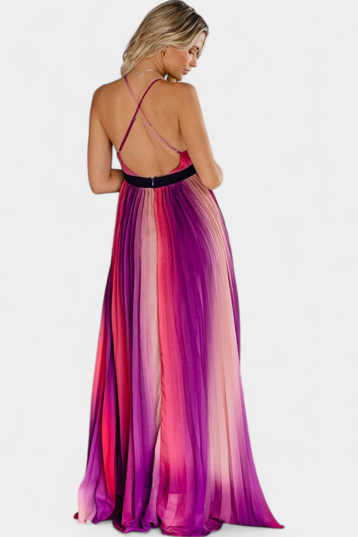 Cecilia Vestido Plisado con Espalda Abierta y Estampado Degradado