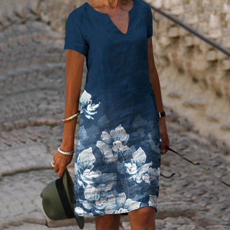 Celeste | Vestido Midi de Lino de Manga Corta para Mujeres