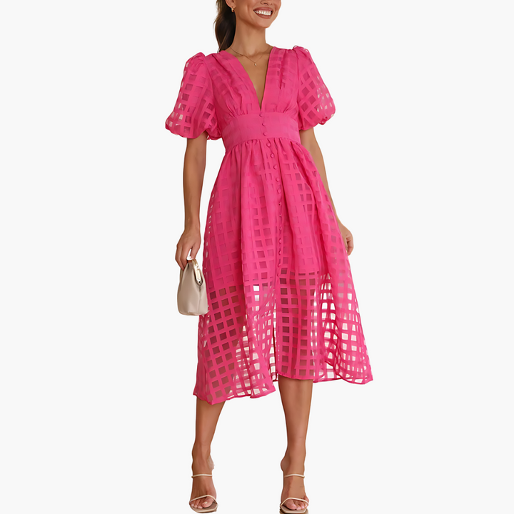 Aurelie | Vestido Midi de Cóctel con Mangas Abullonadas para Mujeres