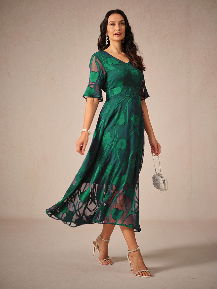 Aishana | Vestido Midi Floral de Manga Corta para Mujeres