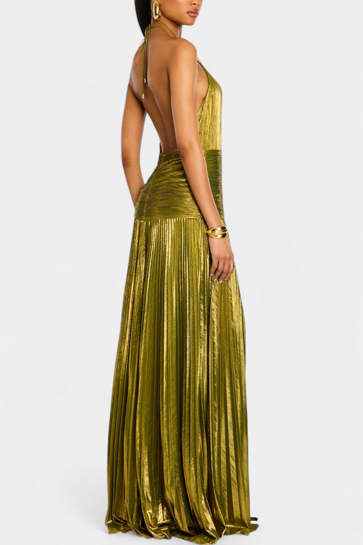 Emma Vestido Halter Metálico con Espalda Abierta y Abertura Alta