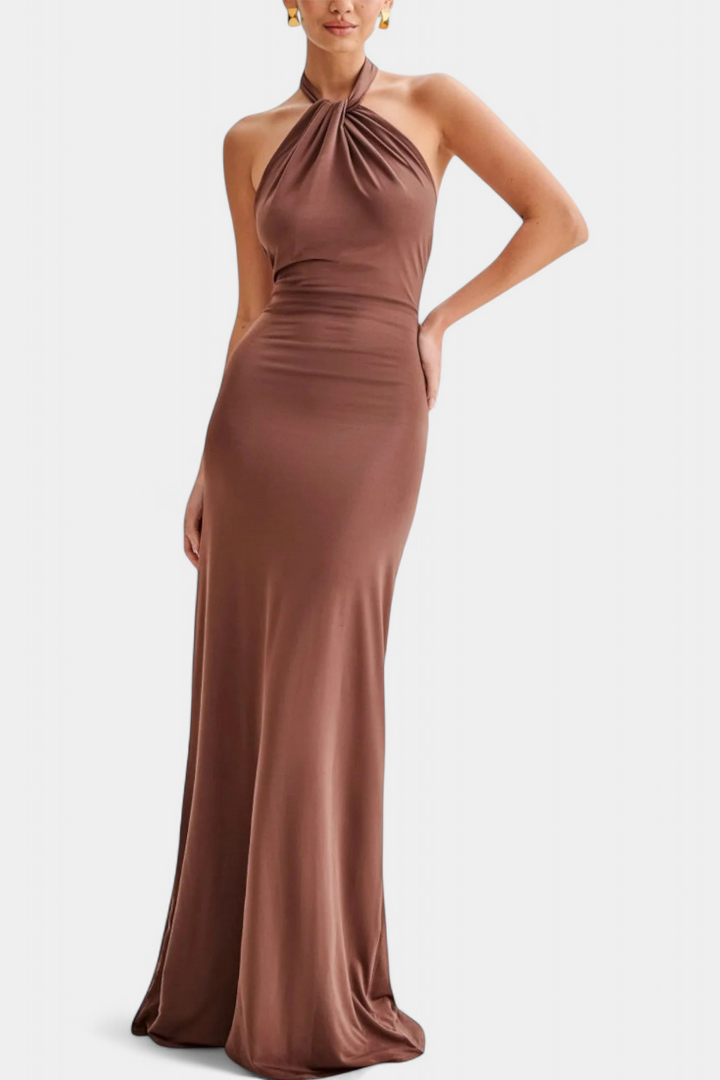 Trinity Vestido Halter Ajustado con Fruncido y Espalda Descubierta