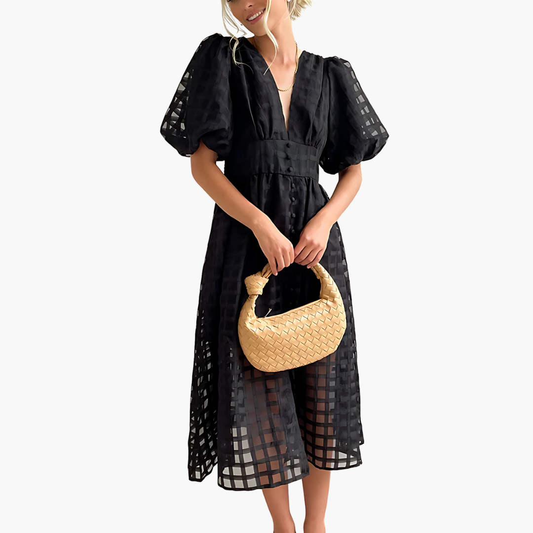Aurelie | Vestido Midi de Cóctel con Mangas Abullonadas para Mujeres