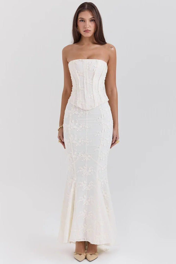 Vestido Maxi de Invitada de Boda Bordado Sin Tirantes