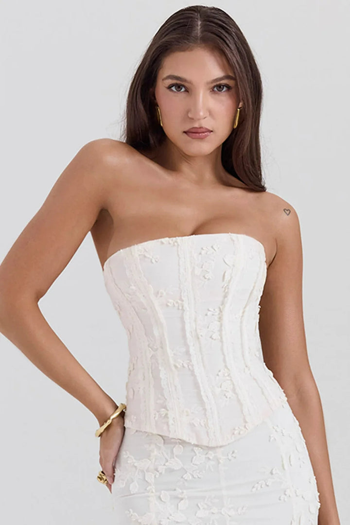 Vestido Maxi de Invitada de Boda Bordado Sin Tirantes