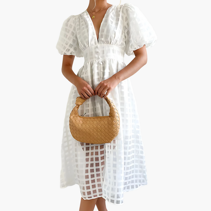 Aurelie | Vestido Midi de Cóctel con Mangas Abullonadas para Mujeres