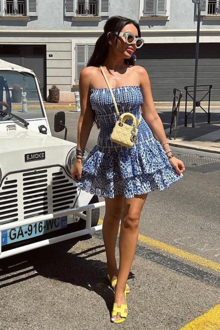 Vestido mini fruncido sin tirantes para mujer con falda escalonada con volantes