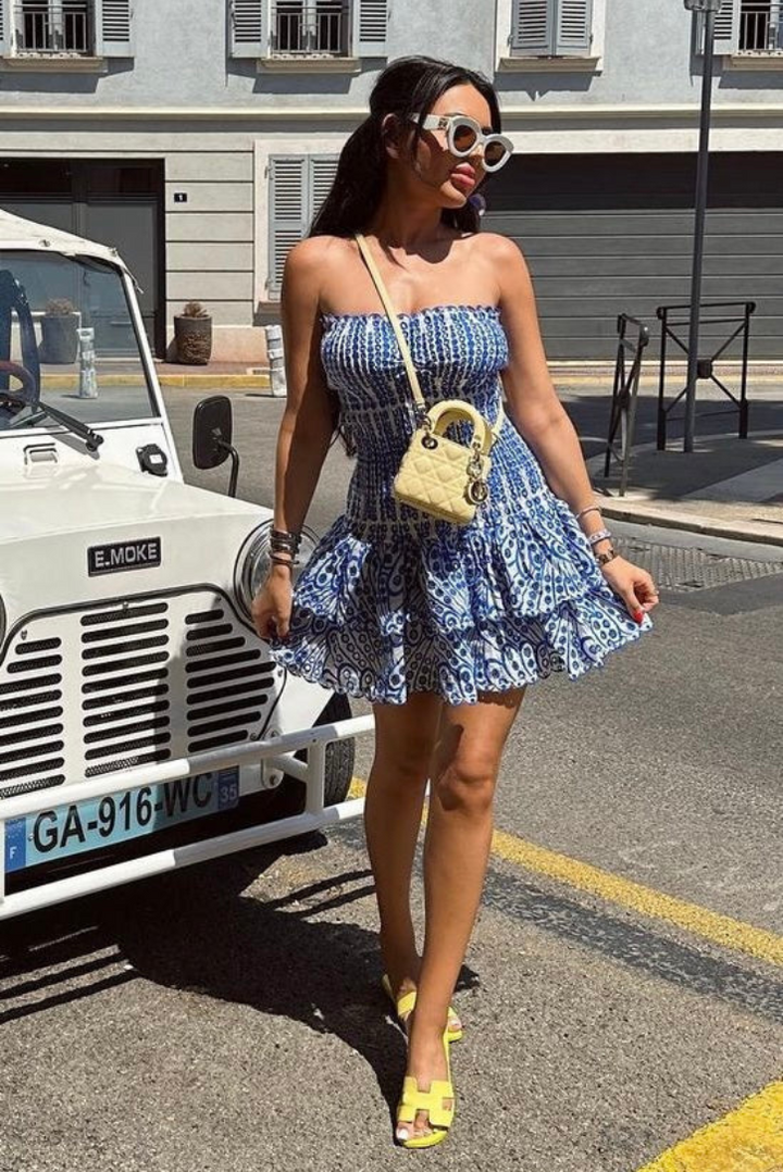 Vestido mini fruncido sin tirantes para mujer con falda escalonada con volantes