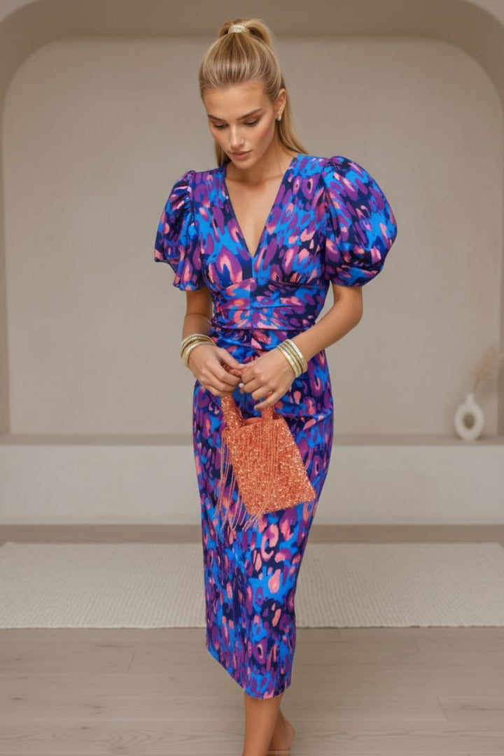 Lolah | Vestido Midi de Cóctel con Mangas Abullonadas para Mujeres