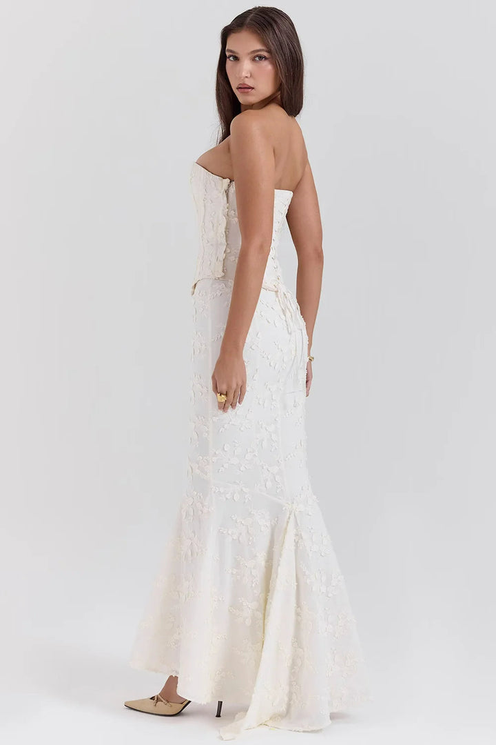 Vestido Maxi de Invitada de Boda Bordado Sin Tirantes