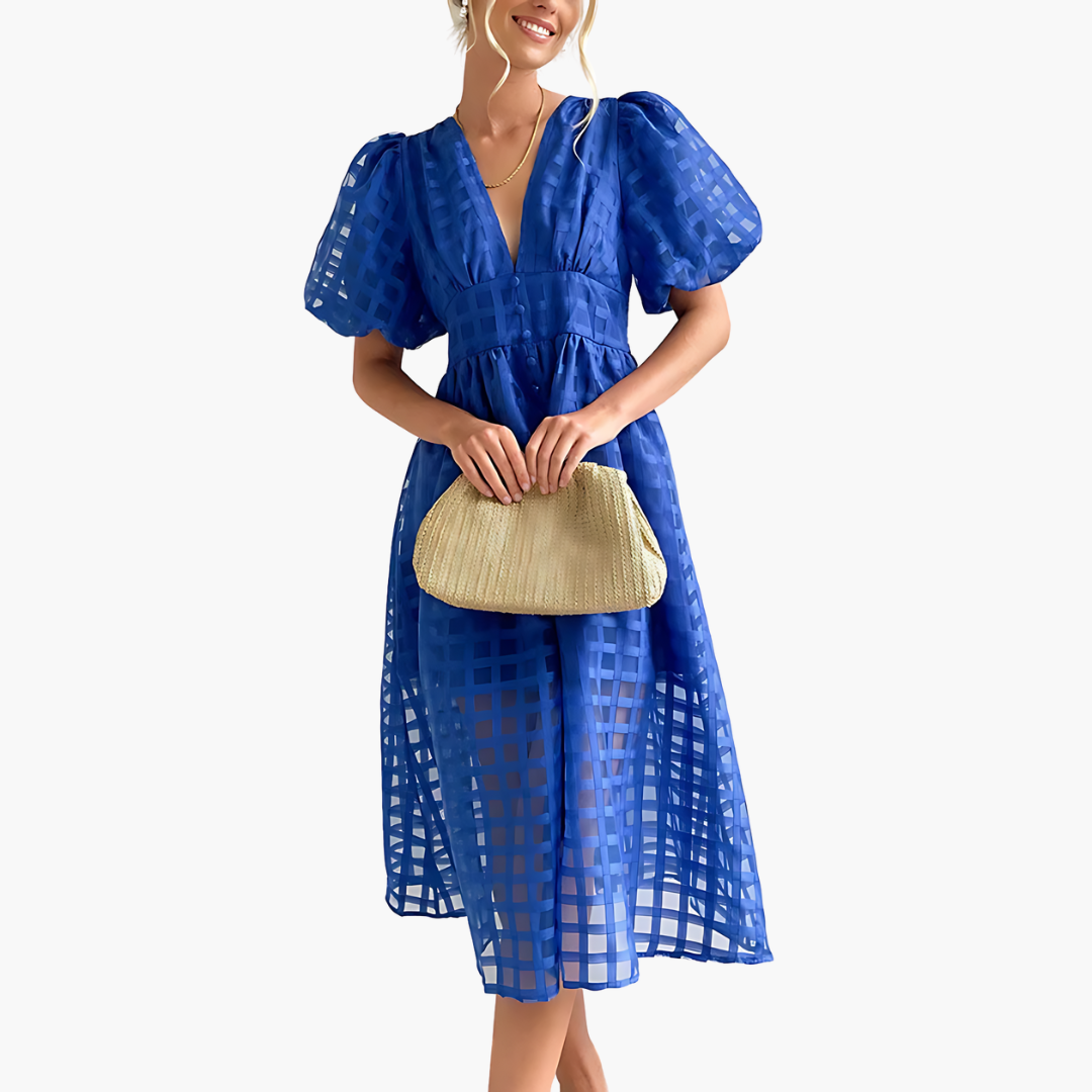 Aurelie | Vestido Midi de Cóctel con Mangas Abullonadas para Mujeres