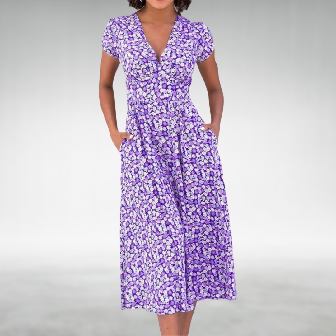 Lila | Vestido Midi Floral de Cuello en V para Mujeres