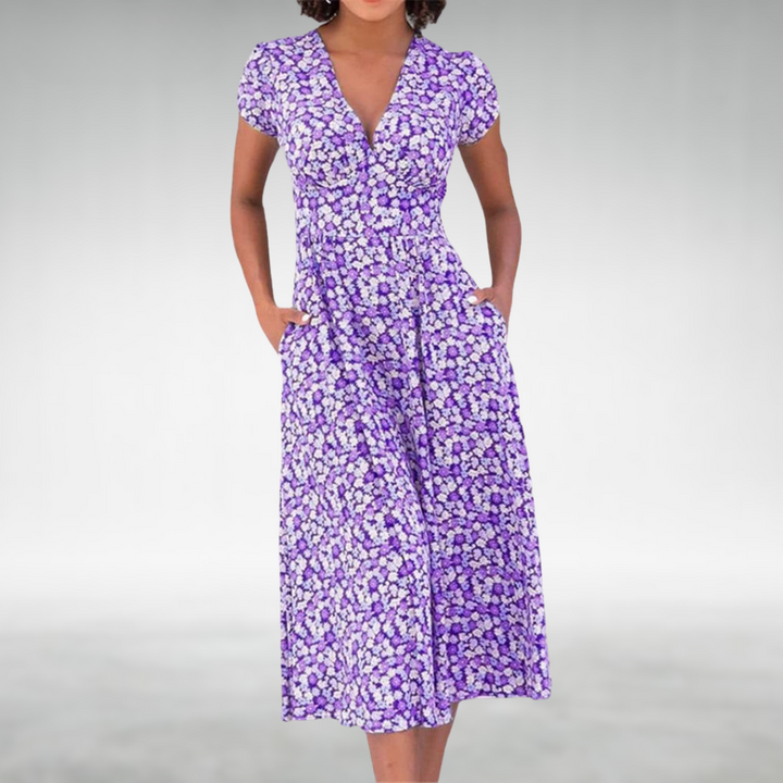 Lila | Vestido Midi Floral de Cuello en V para Mujeres