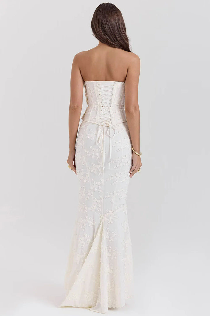 Vestido Maxi de Invitada de Boda Bordado Sin Tirantes