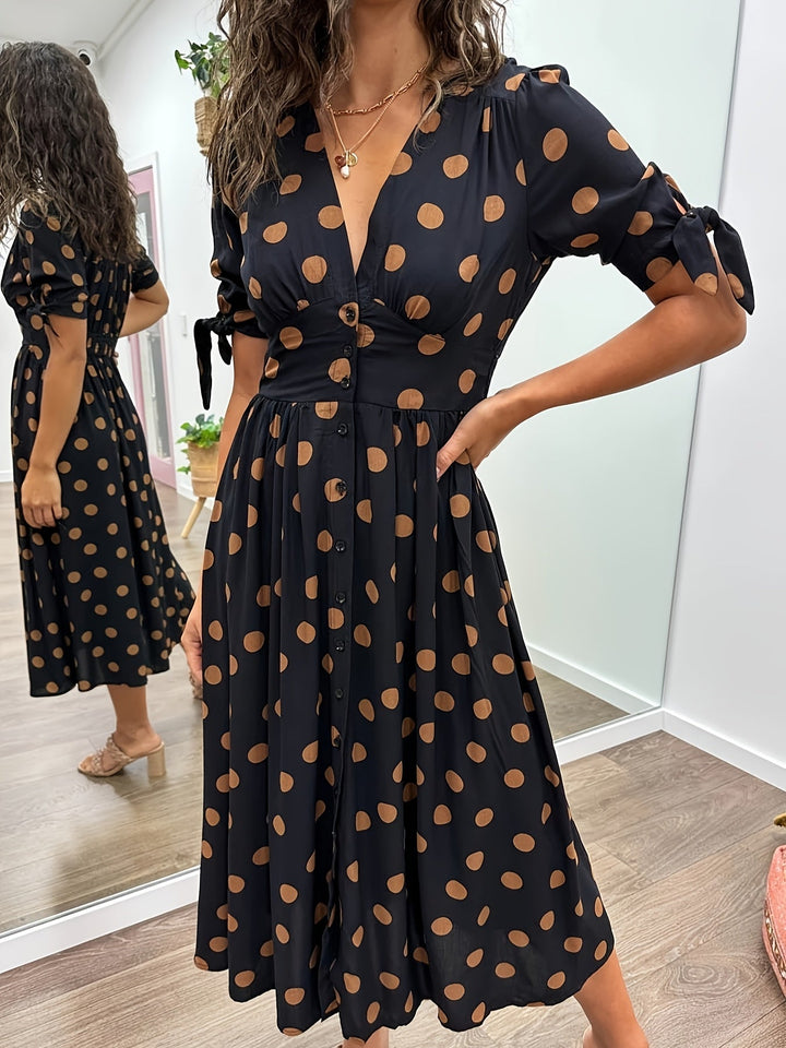 Amaris | Vestido Midi de Lunares con Escote en V para Mujeres