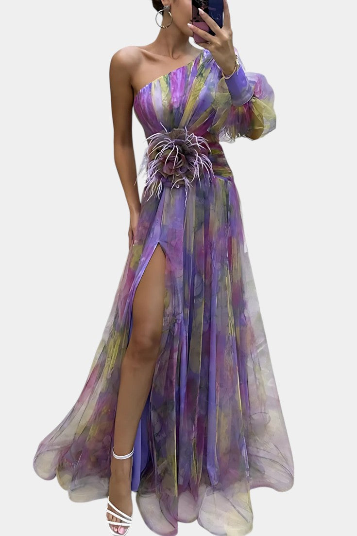 Amelie Vestido Maxi Asimétrico de Un Hombro con Estampado Artístico
