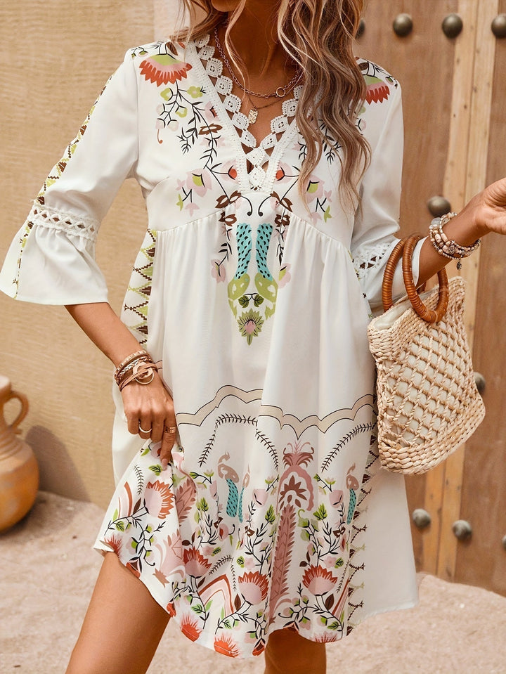 Vestido mini bohemio bordado para mujer con mangas 3/4 y escote en V