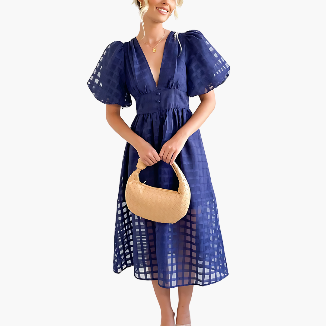 Aurelie | Vestido Midi de Cóctel con Mangas Abullonadas para Mujeres