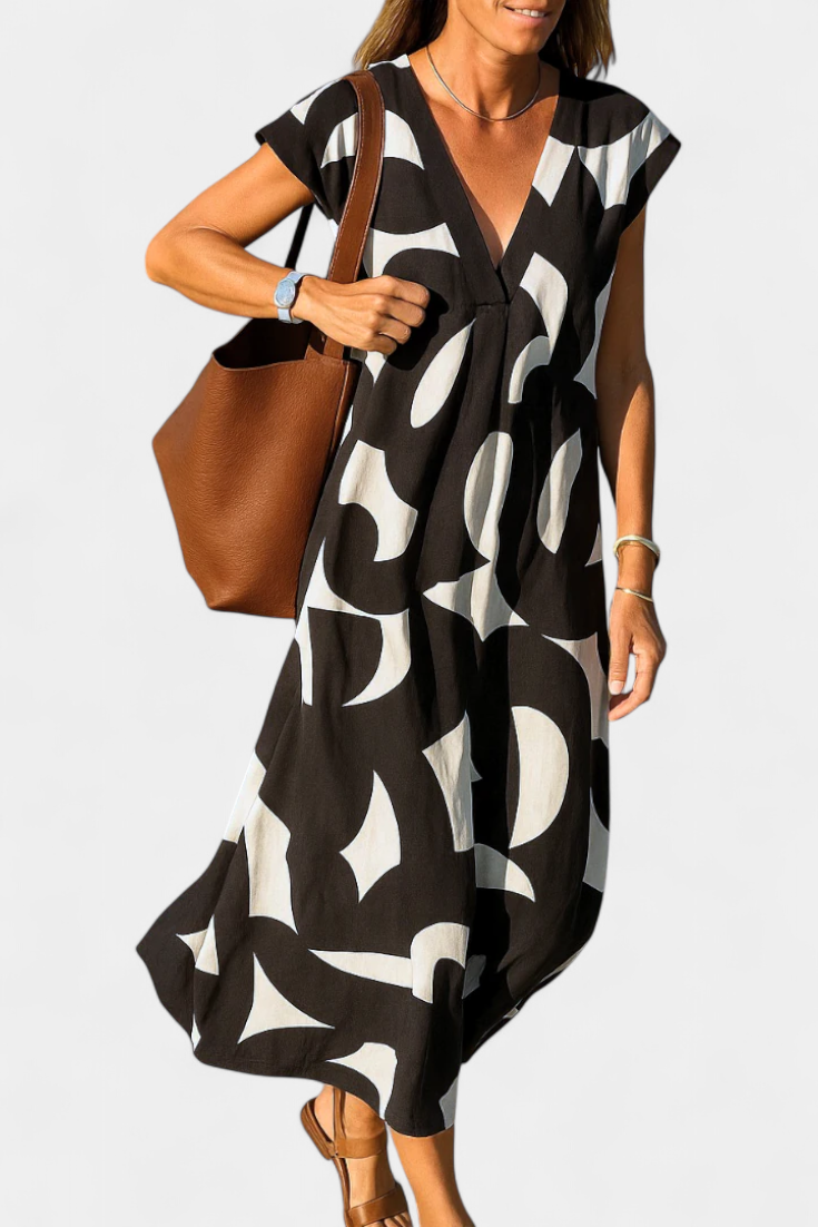 Asela Vestido Casual con Escote en V y Estampado Mixi