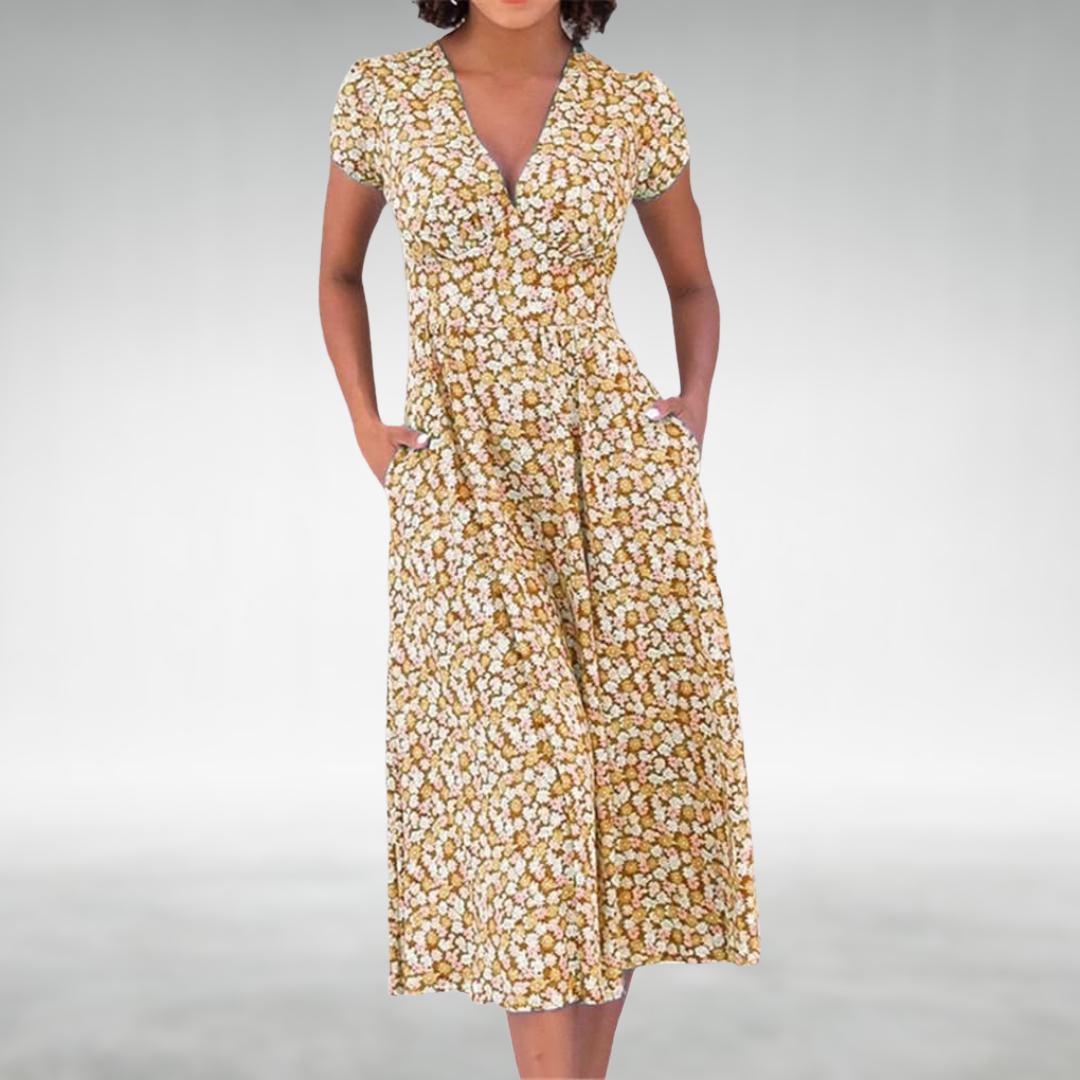 Lila | Vestido Midi Floral de Cuello en V para Mujeres