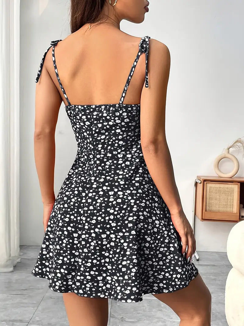 Vestido mini de mujer con estampado floral y tirantes anudados