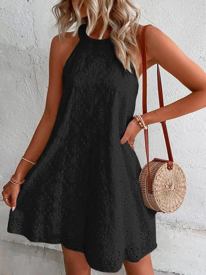 Vestido corto sin mangas de corte A para mujer con diseño floral de ojales