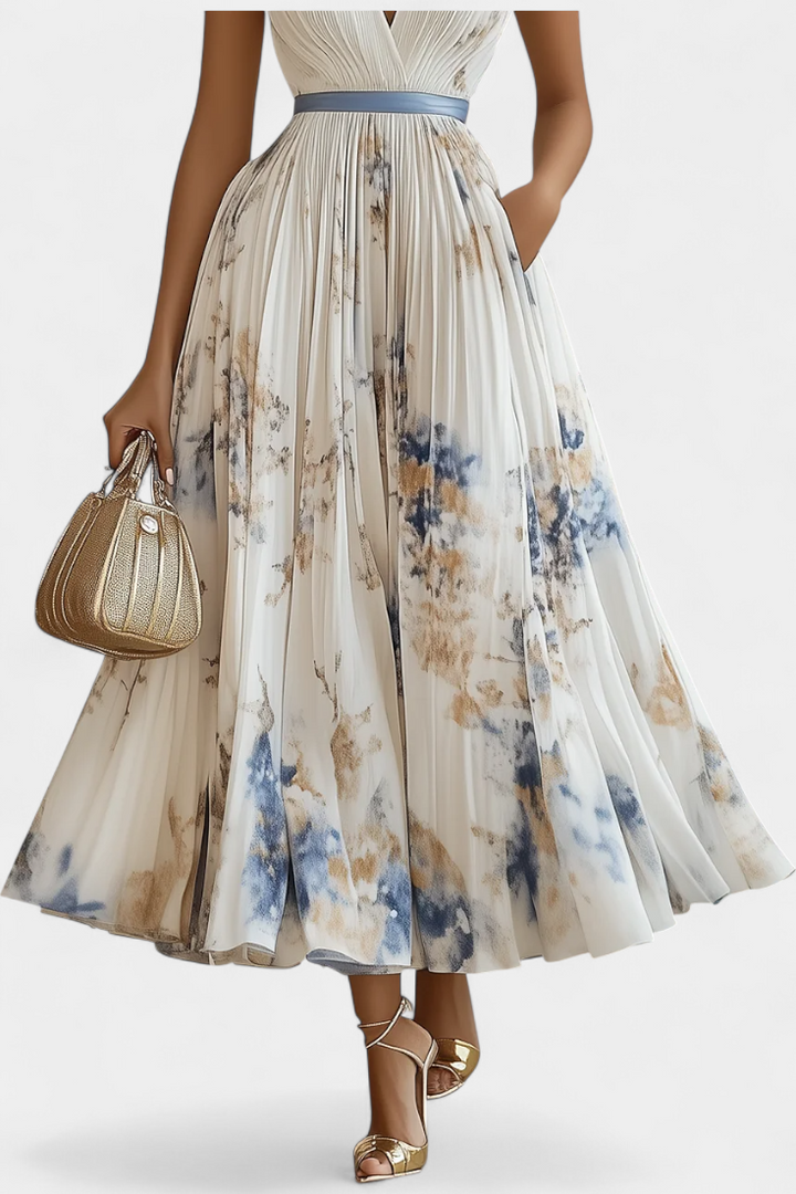 Elise Vestido Midi Sin Mangas con Estampado Floral y Plisado