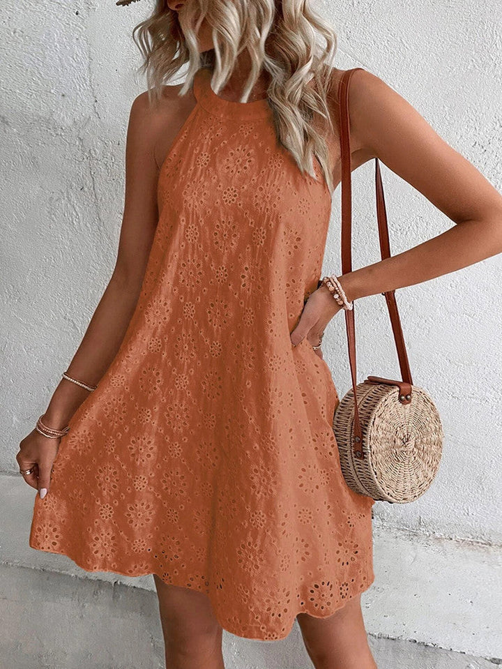 Vestido corto sin mangas de corte A para mujer con diseño floral de ojales