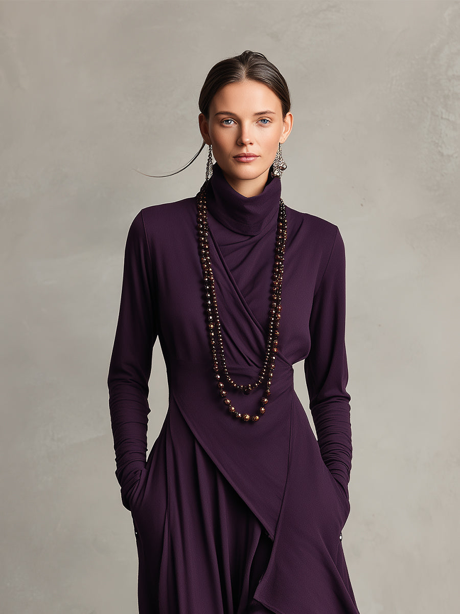 Natalia Maxivestido Asimétrico de Punto con Cuello Alto