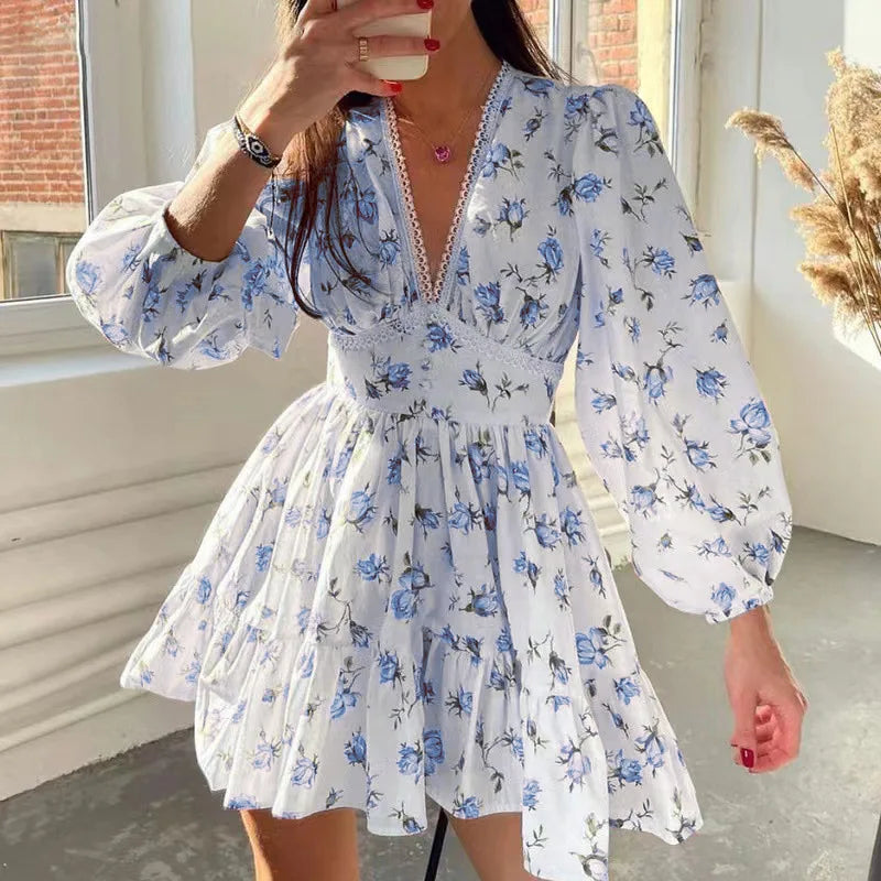 Vestido mini floral de corte A para mujer con escote en V y mangas largas