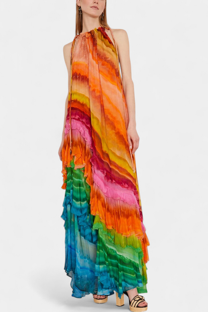 Tori Vestido con Volantes y Estampado Multicolor