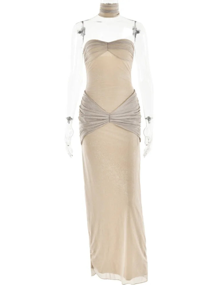 Vestido Maxi Sin Tirantes con Brillo – Elegante Vestido de Noche Arrugado para Mujeres