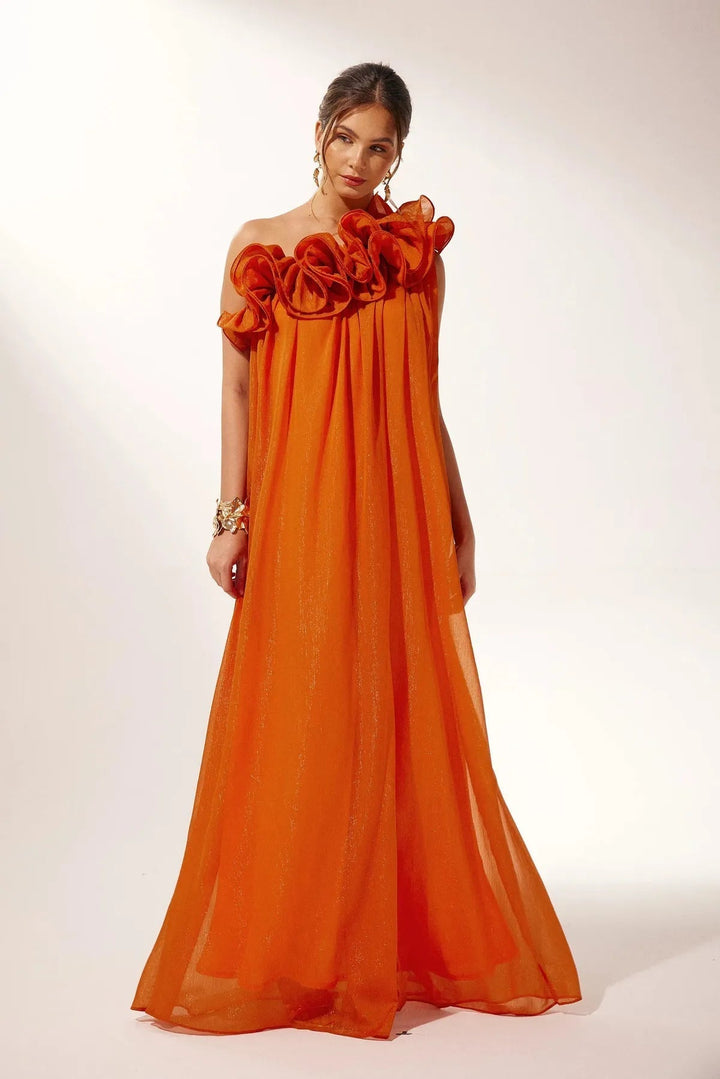 Vestido de Noche Floral Asimétrico de Un Hombro
