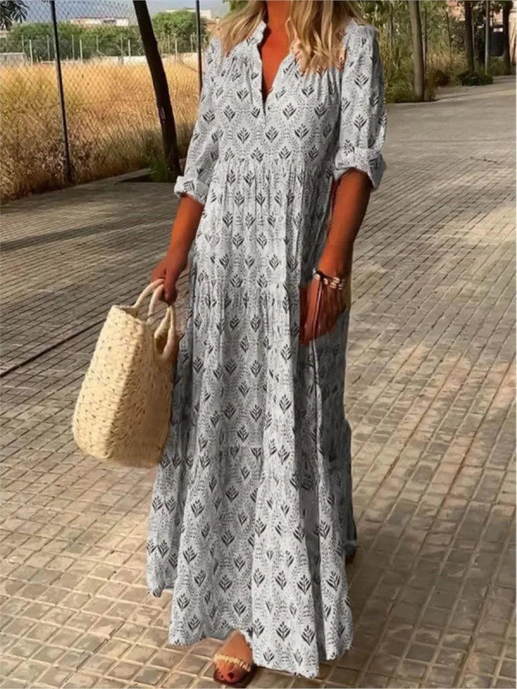 Vestido Largo Vintage de Otoño – Diseño con Escote en V Halagador para un Estilo Sin Esfuerzo